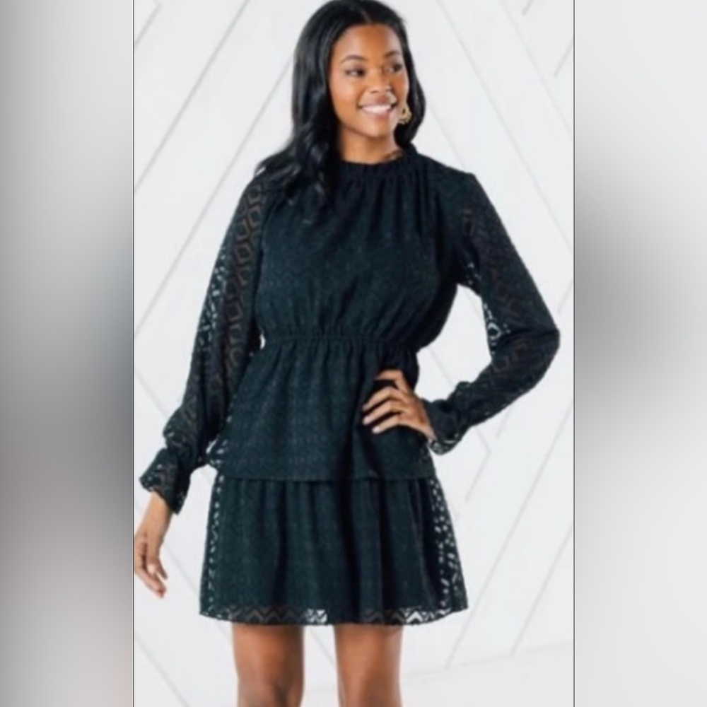 Sail to Sable Black Lace Tiered Mini Dress Ruffle‎ Mock Neck Long Sleeve XXL